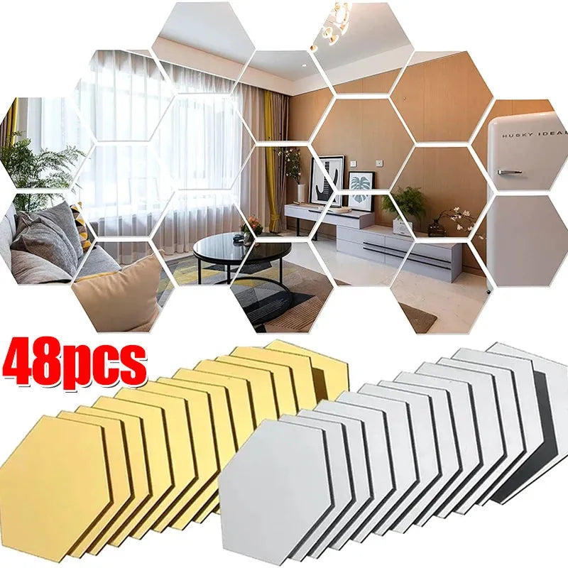 Hexágono acrílico espelho adesivo de parede acrílico adesivo ouro prata mosaico telhas removível diy quarto banheiro decoração casa adesivo