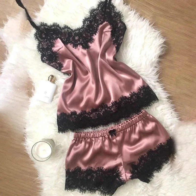 1 conjunto de pijama feminino sexy sem mangas camisola pijama conjunto de pijama de cetim com acabamento em renda