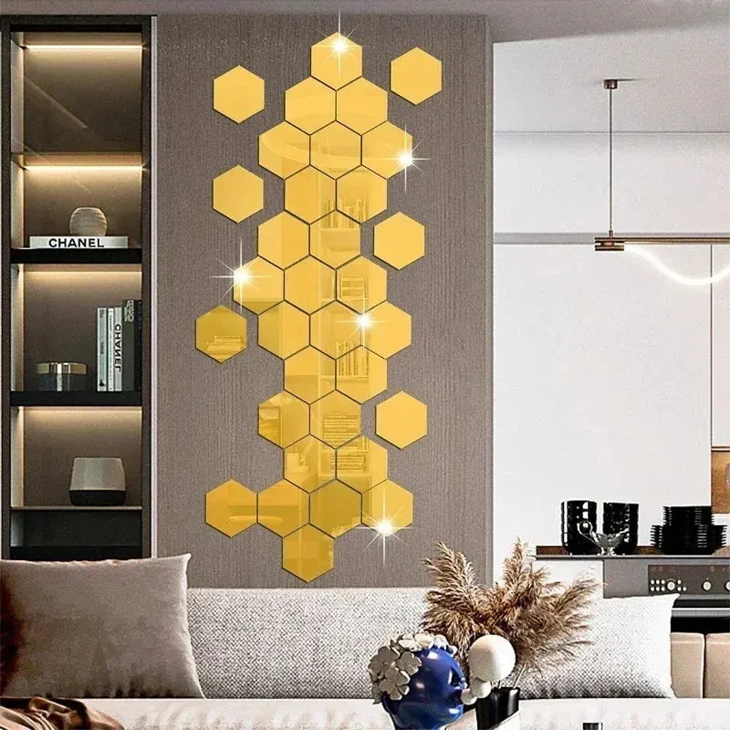 Hexágono acrílico espelho adesivo de parede acrílico adesivo ouro prata mosaico telhas removível diy quarto banheiro decoração casa adesivo