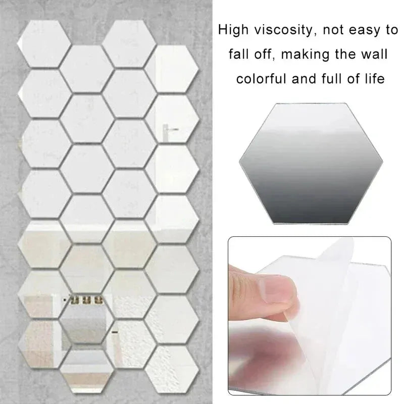 Hexágono acrílico espelho adesivo de parede acrílico adesivo ouro prata mosaico telhas removível diy quarto banheiro decoração casa adesivo